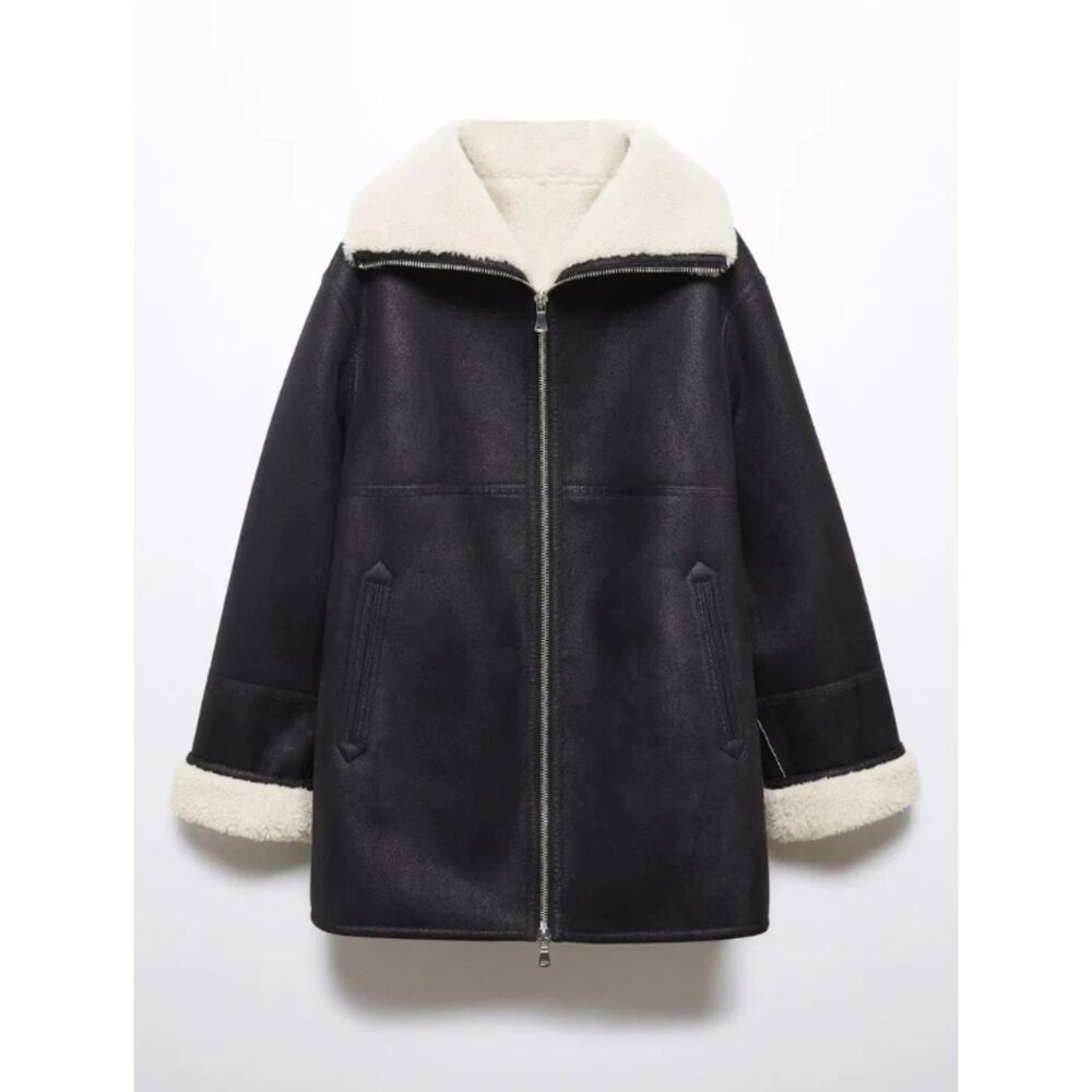 MANGO Rulo Faux Shearling Lined Coat Black Women's Size Large